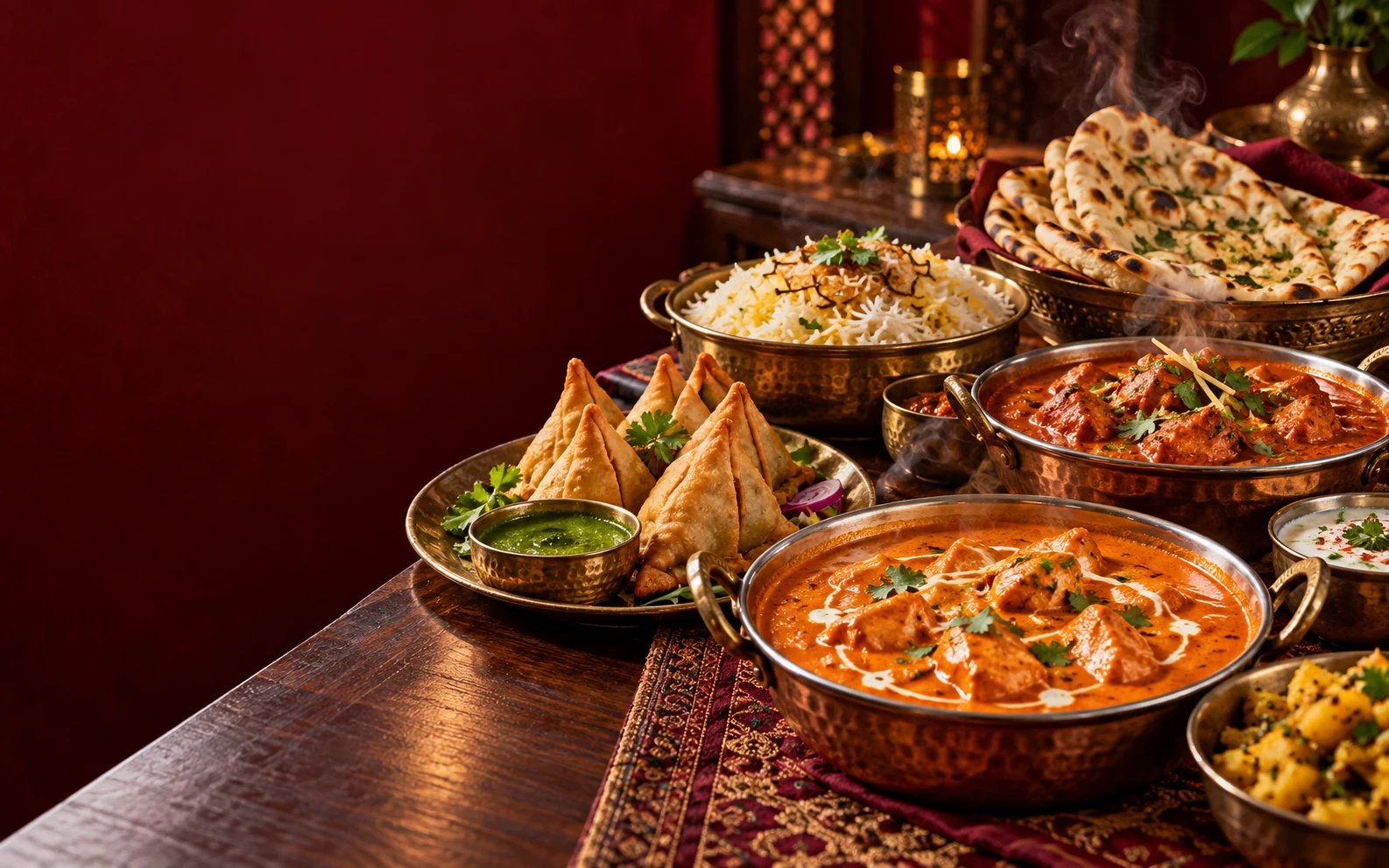 Hidangan India dengan butter chicken, samosa, nasi basmati, dan garlic naan